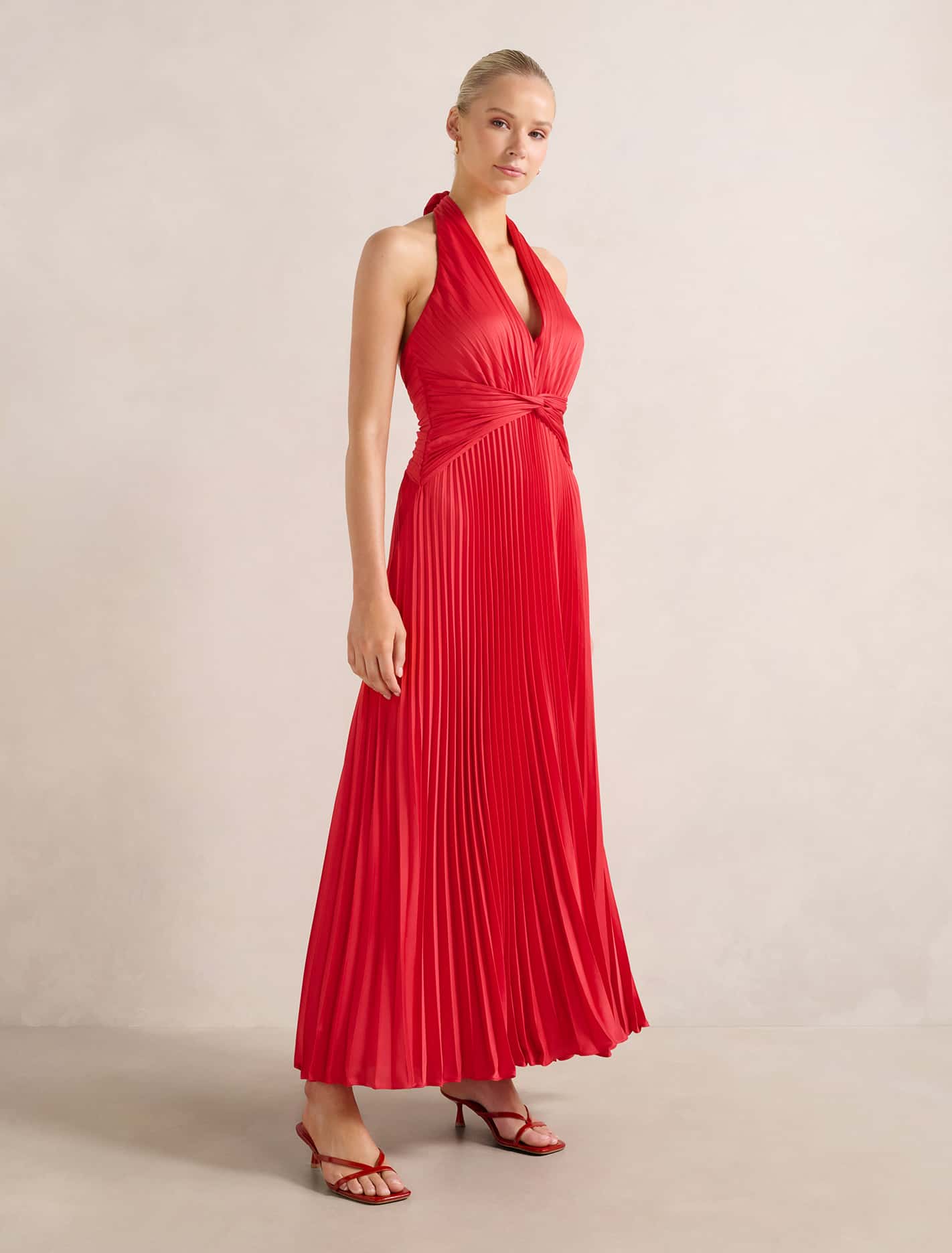 Natasha Pleated Satin Halter Maxi Dress Forever New