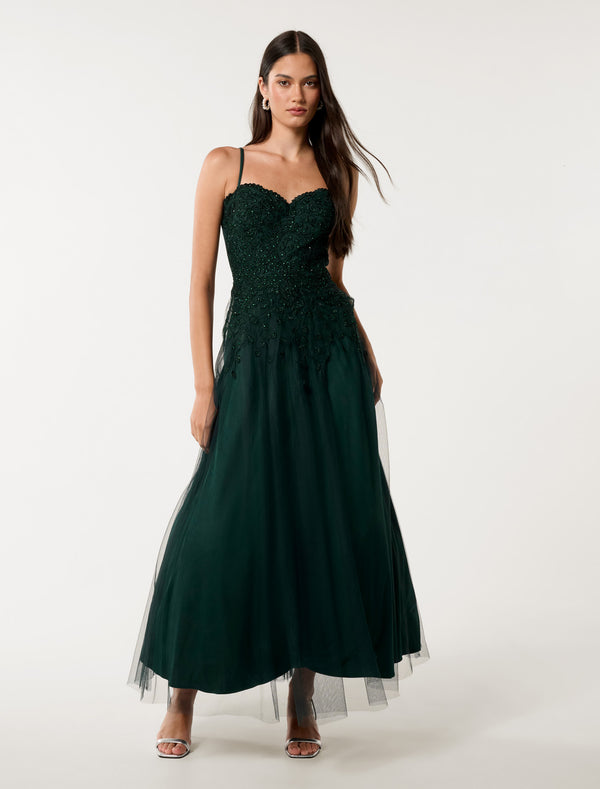 Kaia Tulle Strappy Dress Hunter Green Forever New