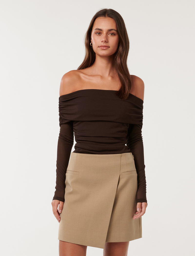 Kaia Ruched Mesh Bardot Top Chocolate Forever New