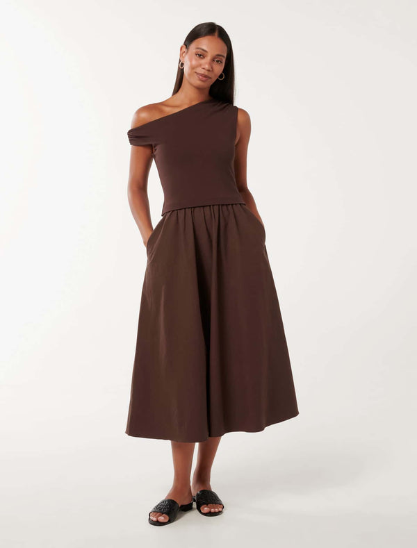 Steph Tipped Mixed Fabric Midi Dress Chocolate Forever New