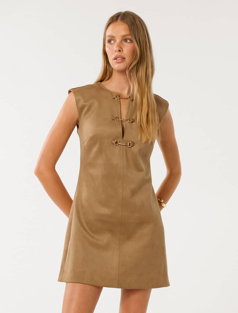 Clover Snaffle Detail Mini Dress Suede Brown Forever New