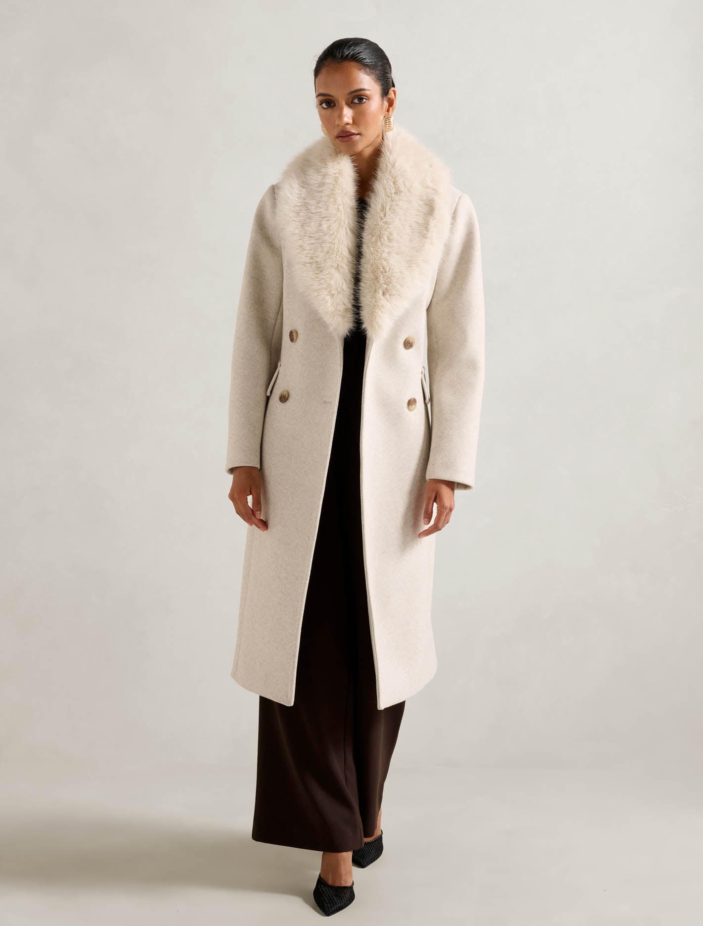 Chelsea Petite Double Breasted Fur Collar Coat