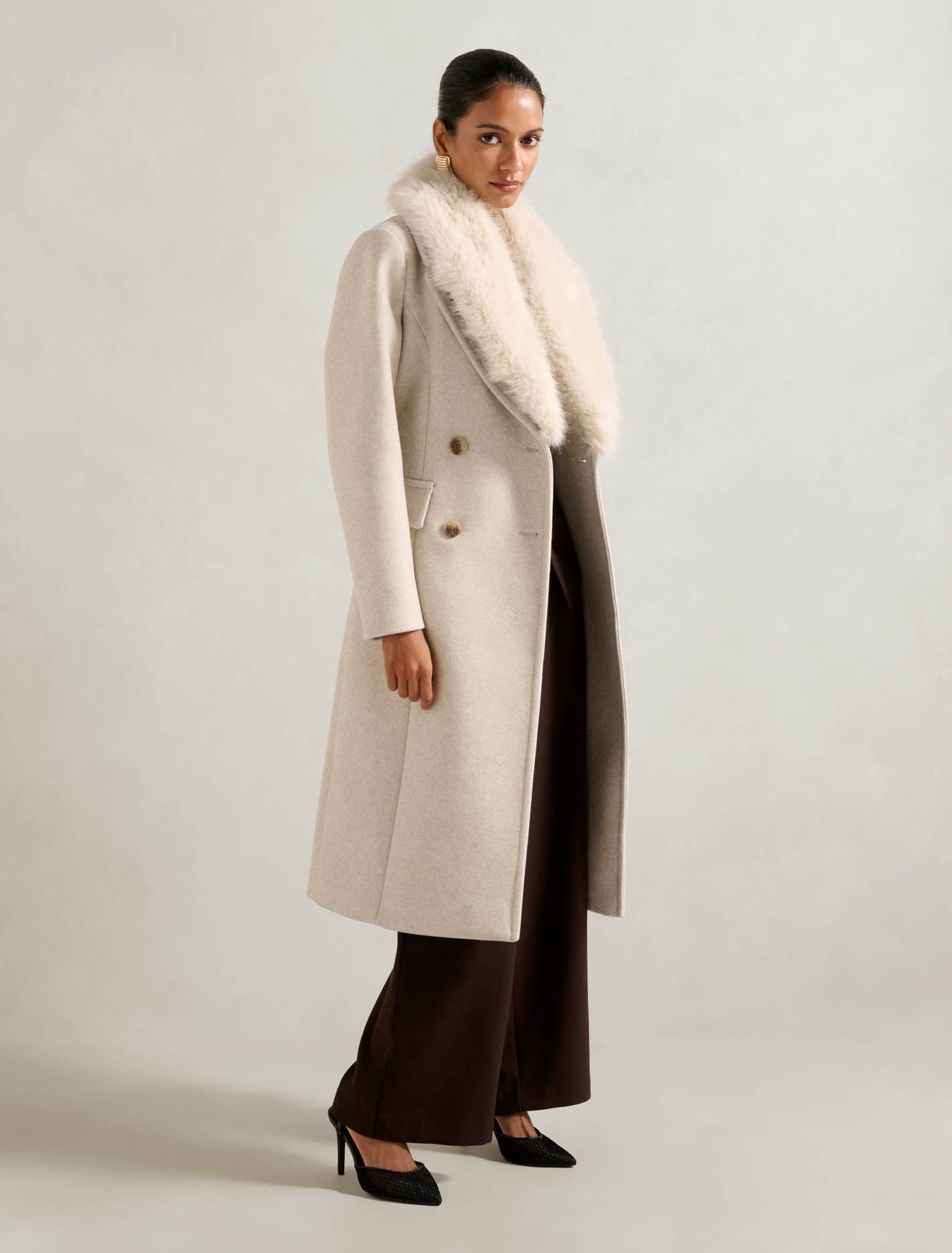 Chelsea Petite Double Breasted Fur Collar Coat