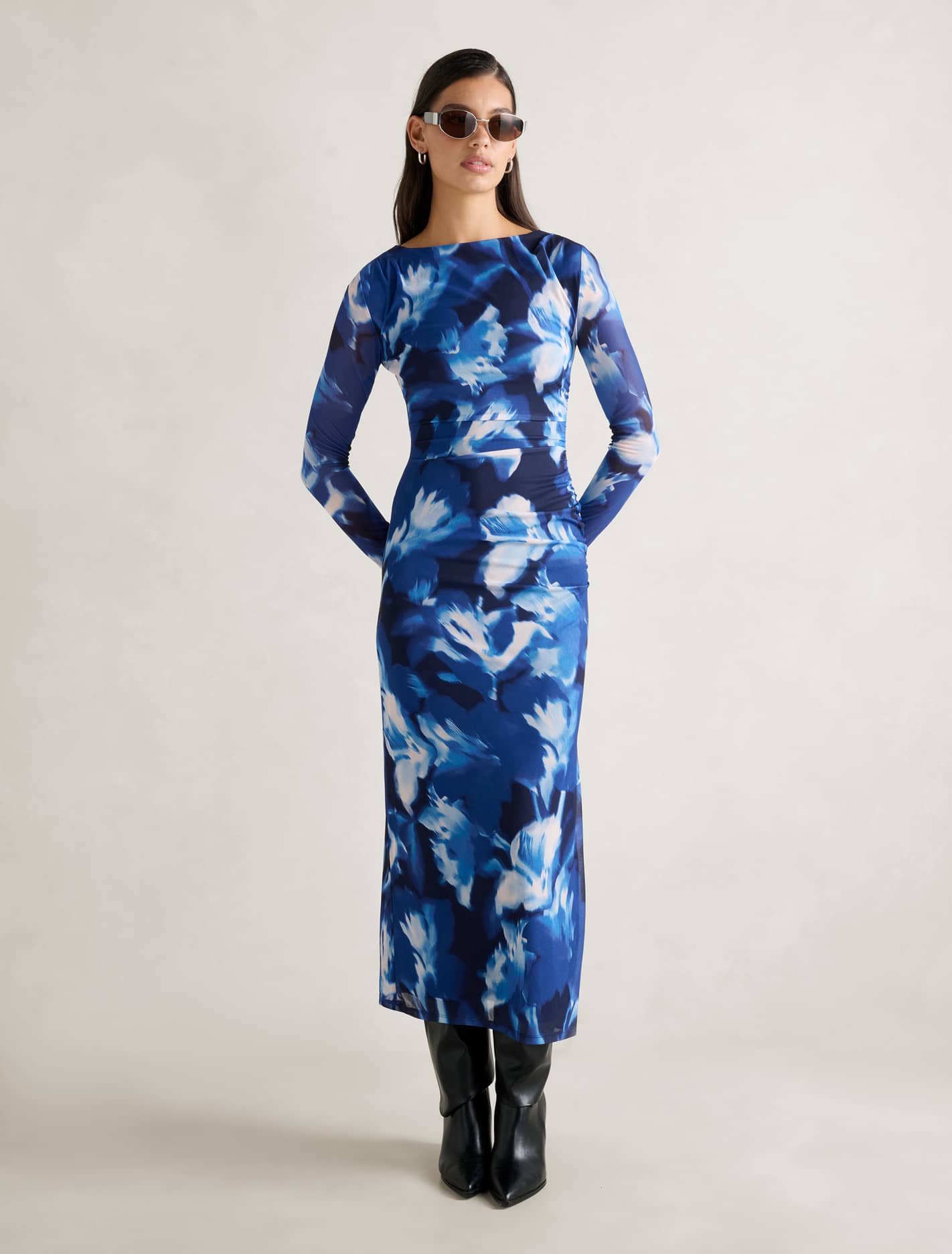 Alannah Mesh Long Sleeve Midi Dress Blue Odella Floral Forever New