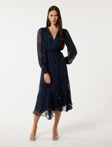 Solange Long Sleeve Burnout Midi Dress Navy Forever New