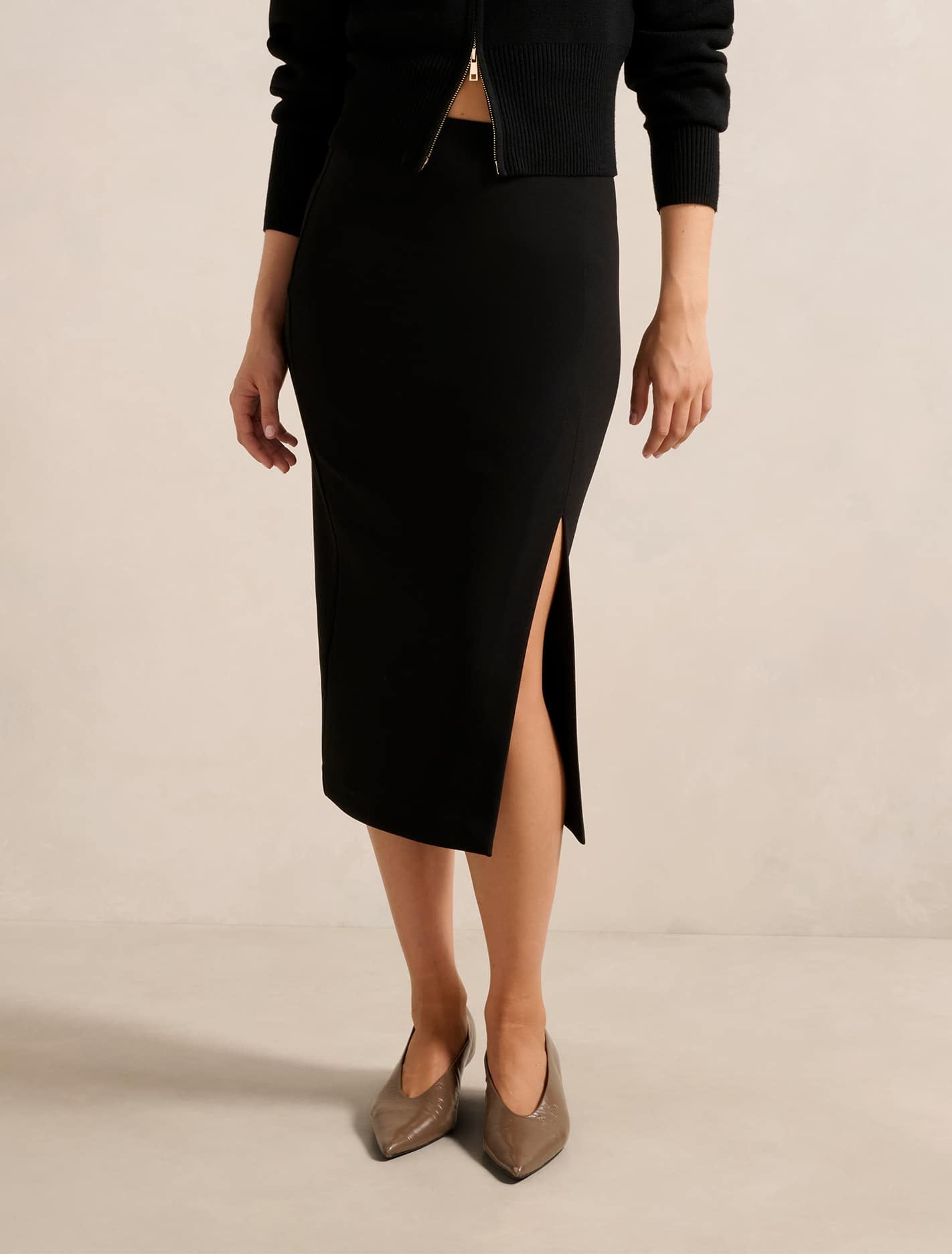 Lacey Crepe Split Midi Skirt Black | Forever New