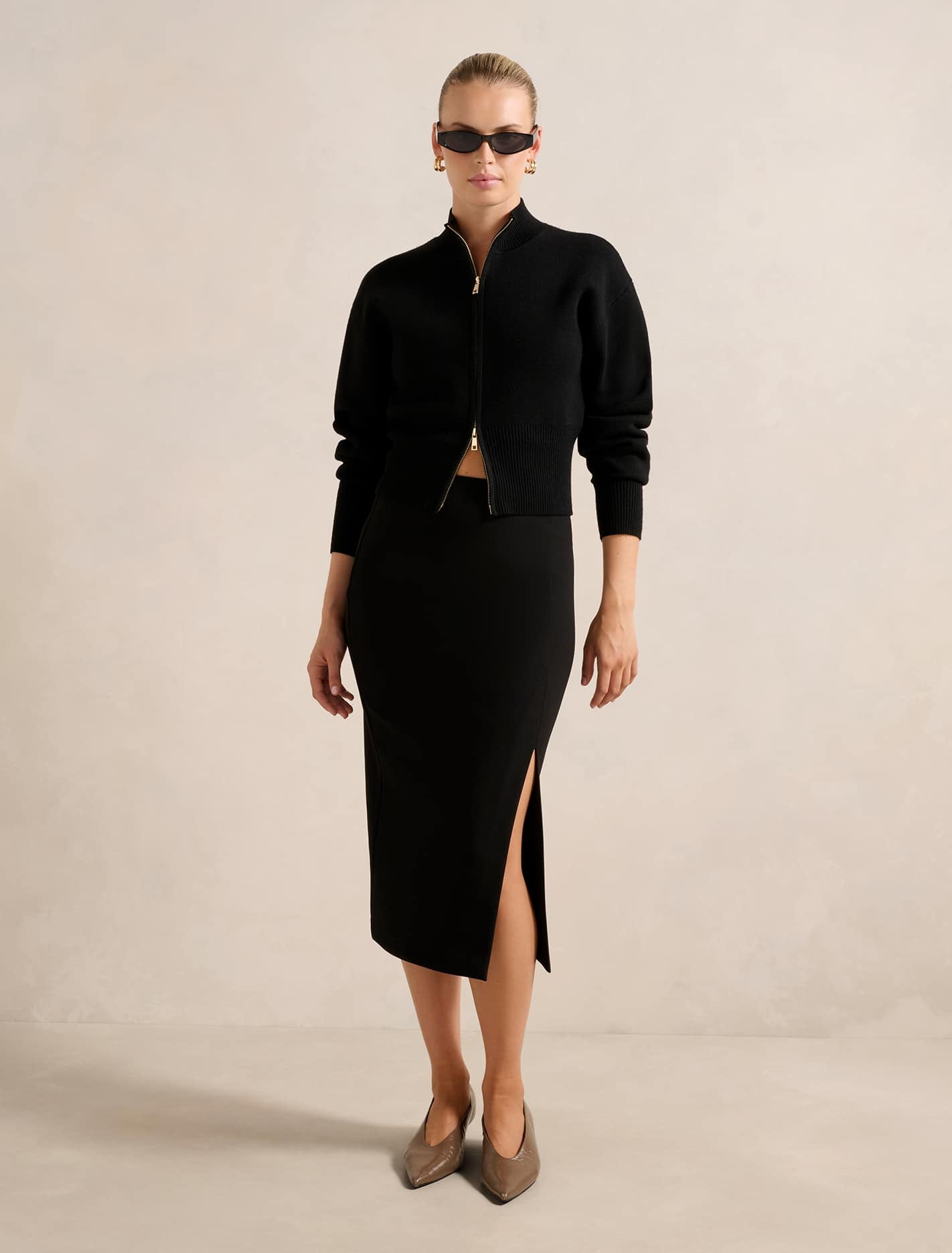 Lacey Crepe Split Midi Skirt Black | Forever New