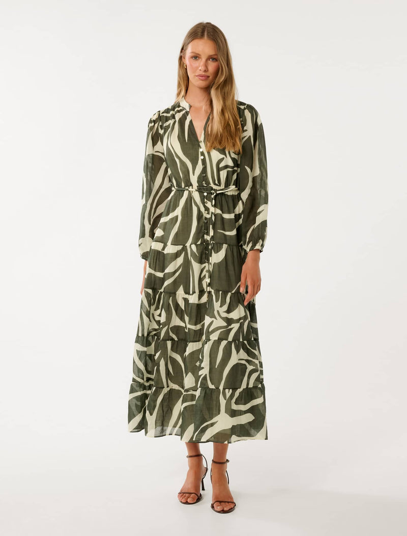 Adeline Tiered Midi Dress Olive Drew Abstract Forever New