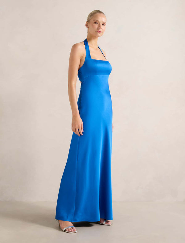 April Open Back Satin Maxi Dress Vivid Azure Forever New
