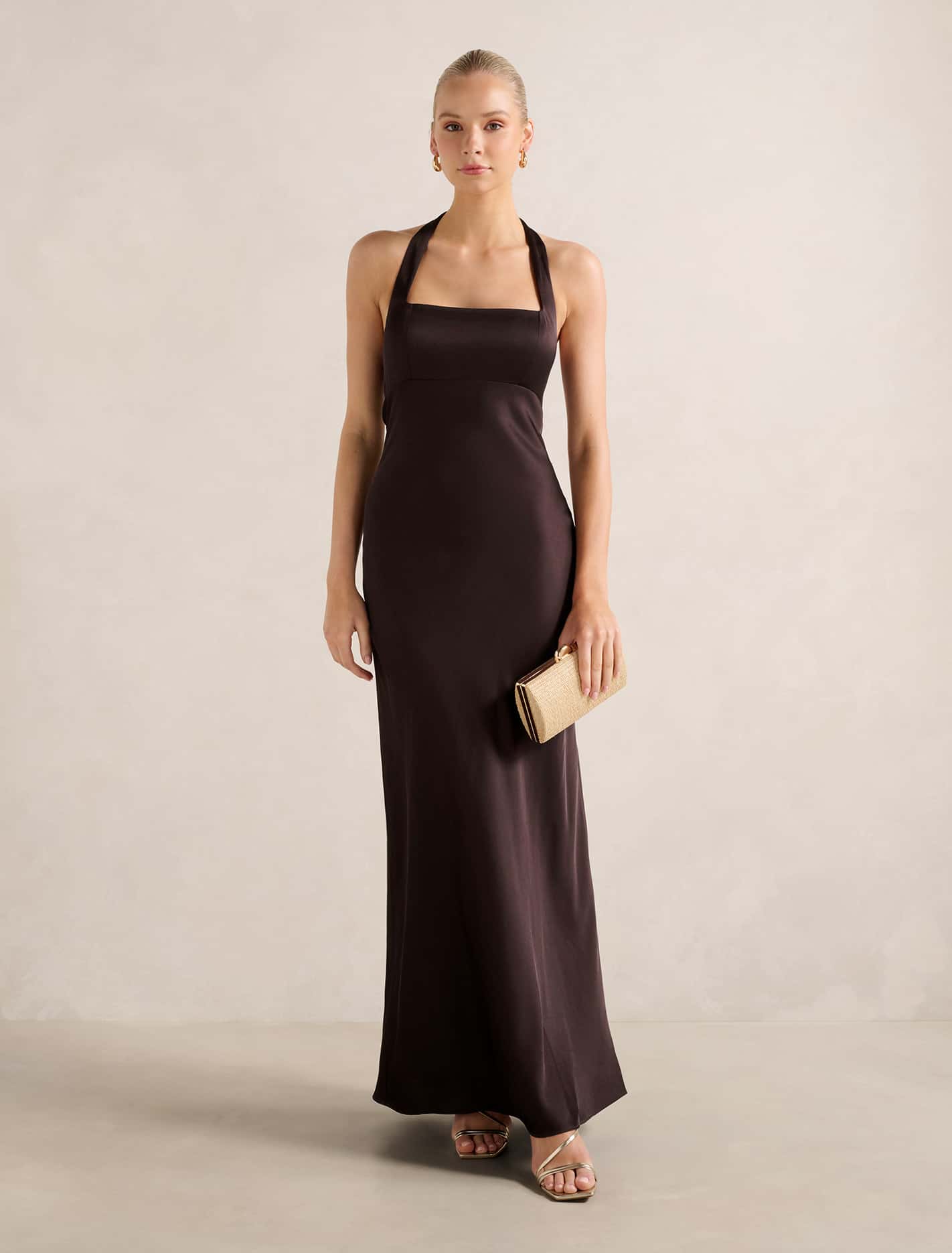 April Open Back Satin Maxi Dress Dark Chocolate Forever New