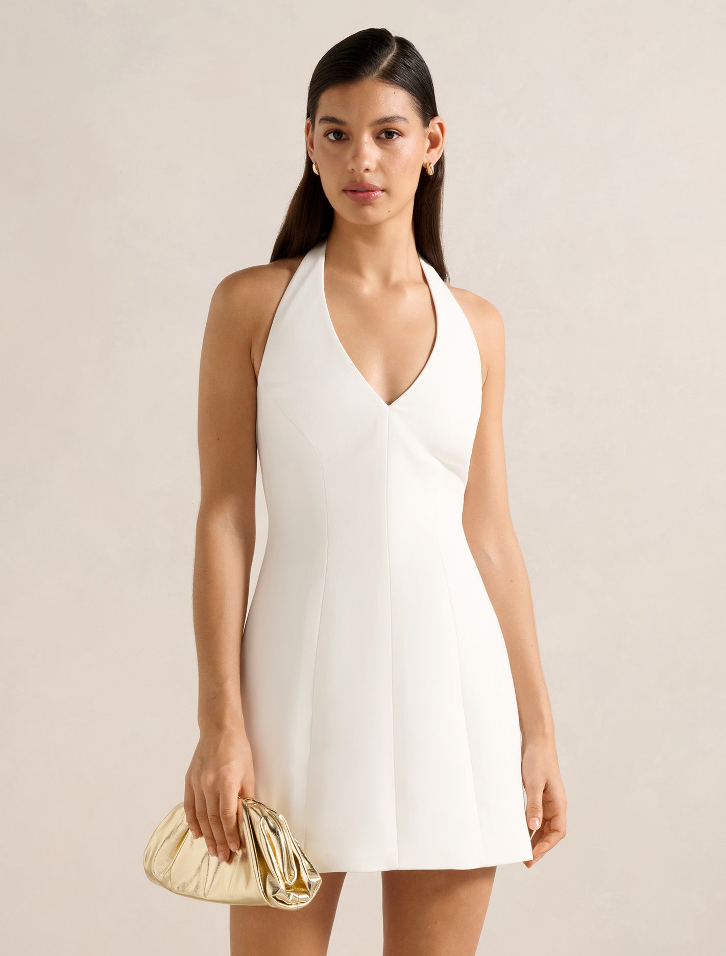 Riley Structured Halter Mini Dress Porcelain Forever New