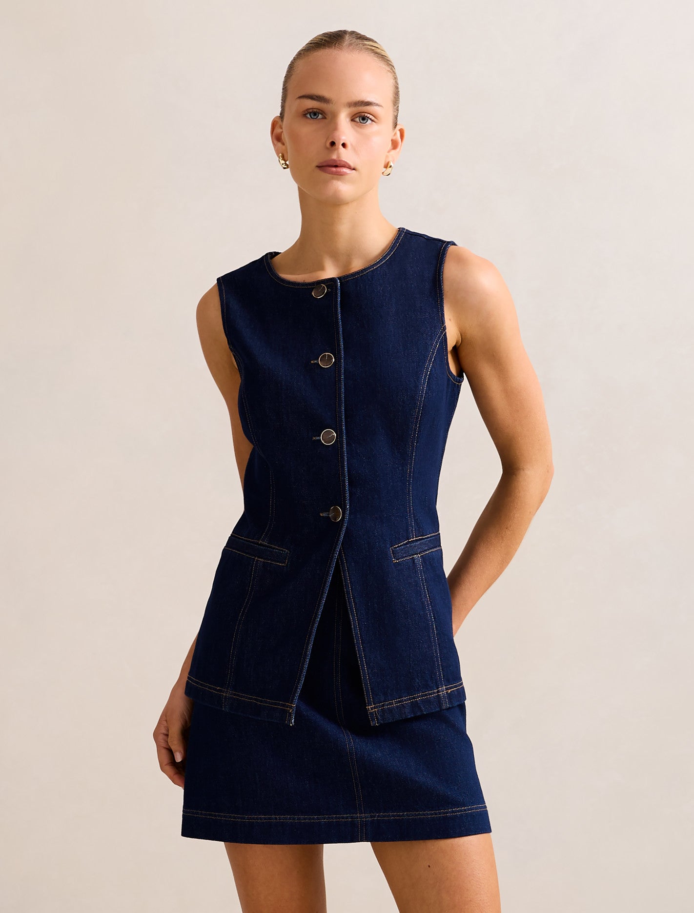 Cassie Denim Waistcoat Dark Wash Co-Ord Forever New