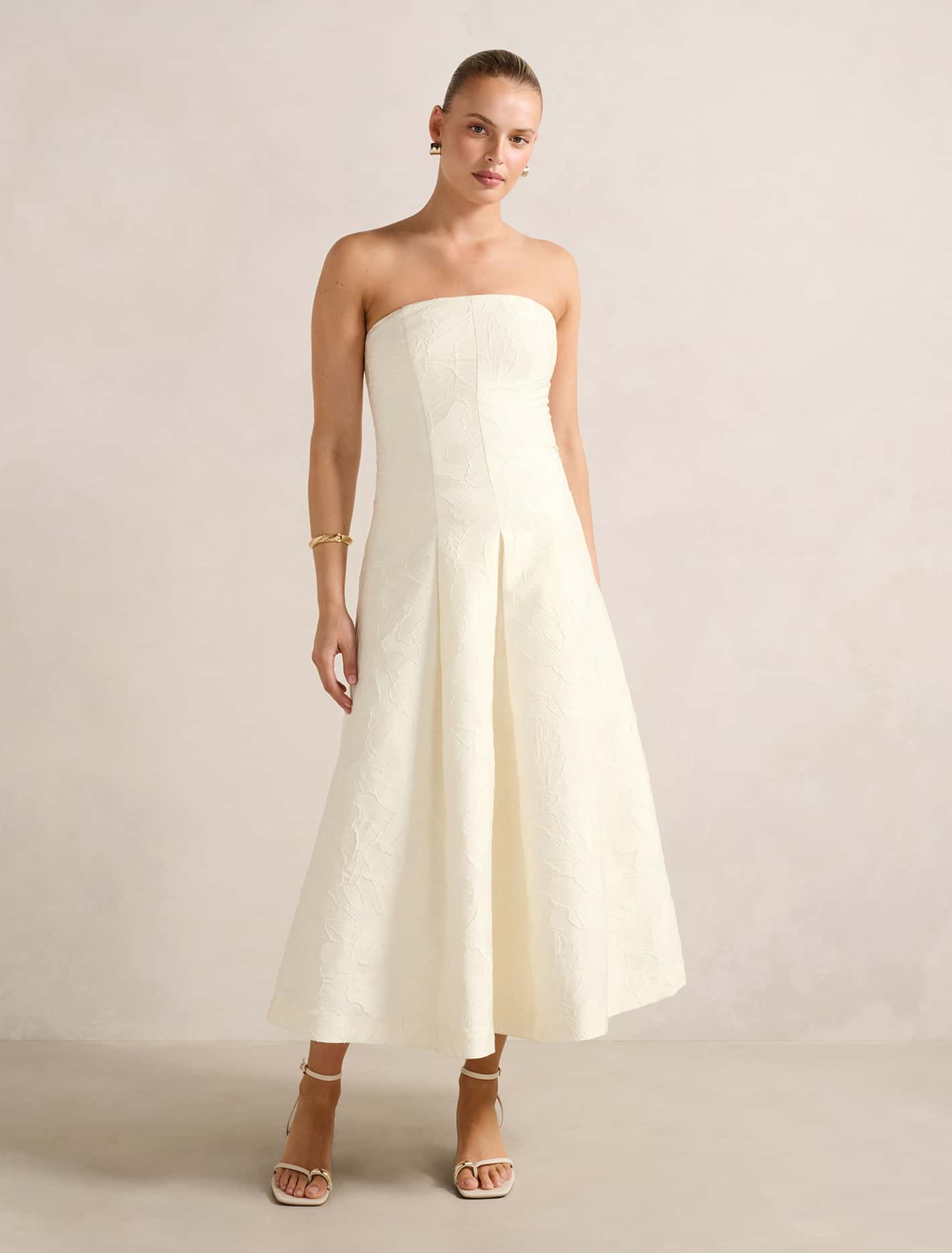 Lottie Strapless Jacquard Midi Dress Porcelain Forever New