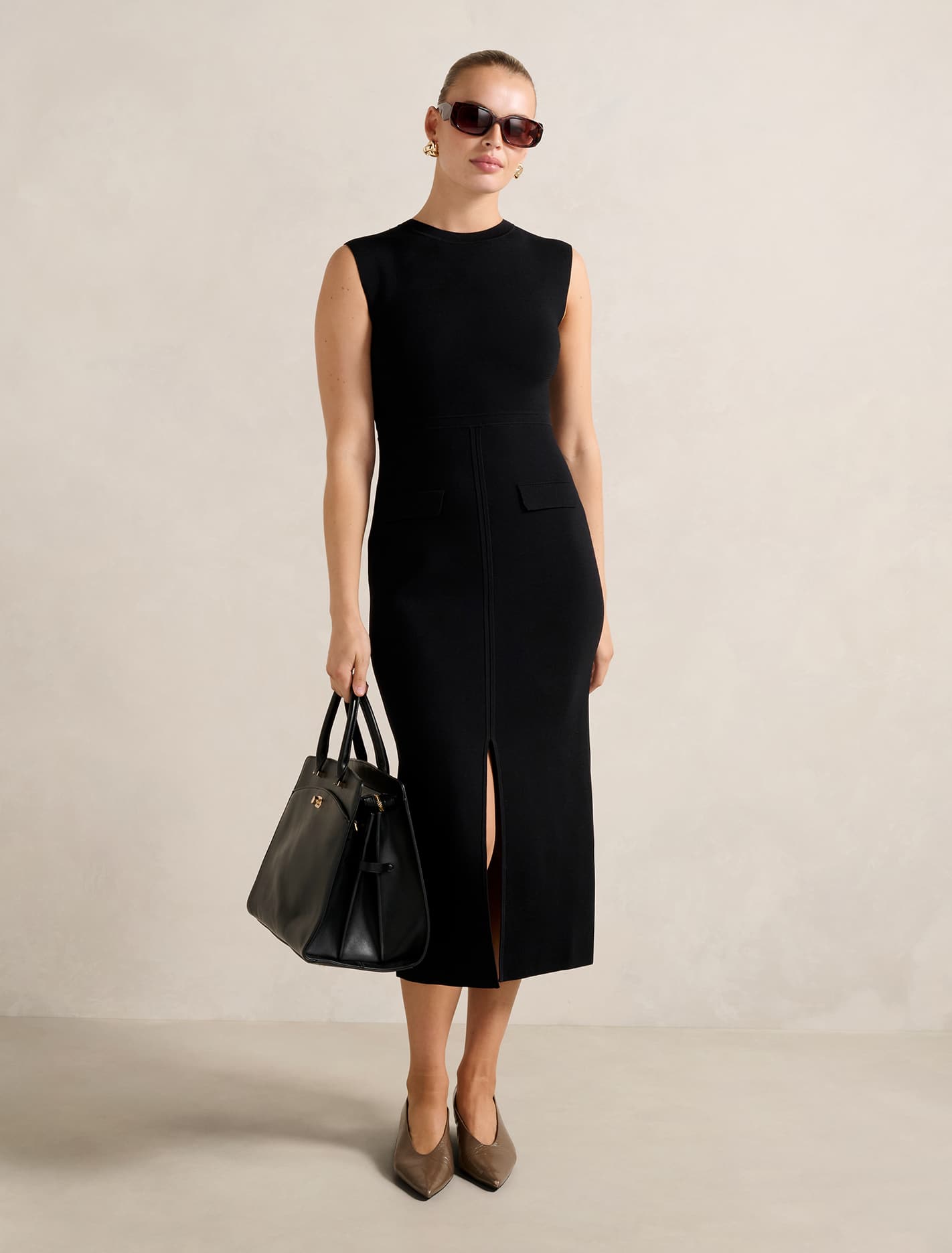 Chloe Extended Shoulder Knit Midi Dress Black Forever New