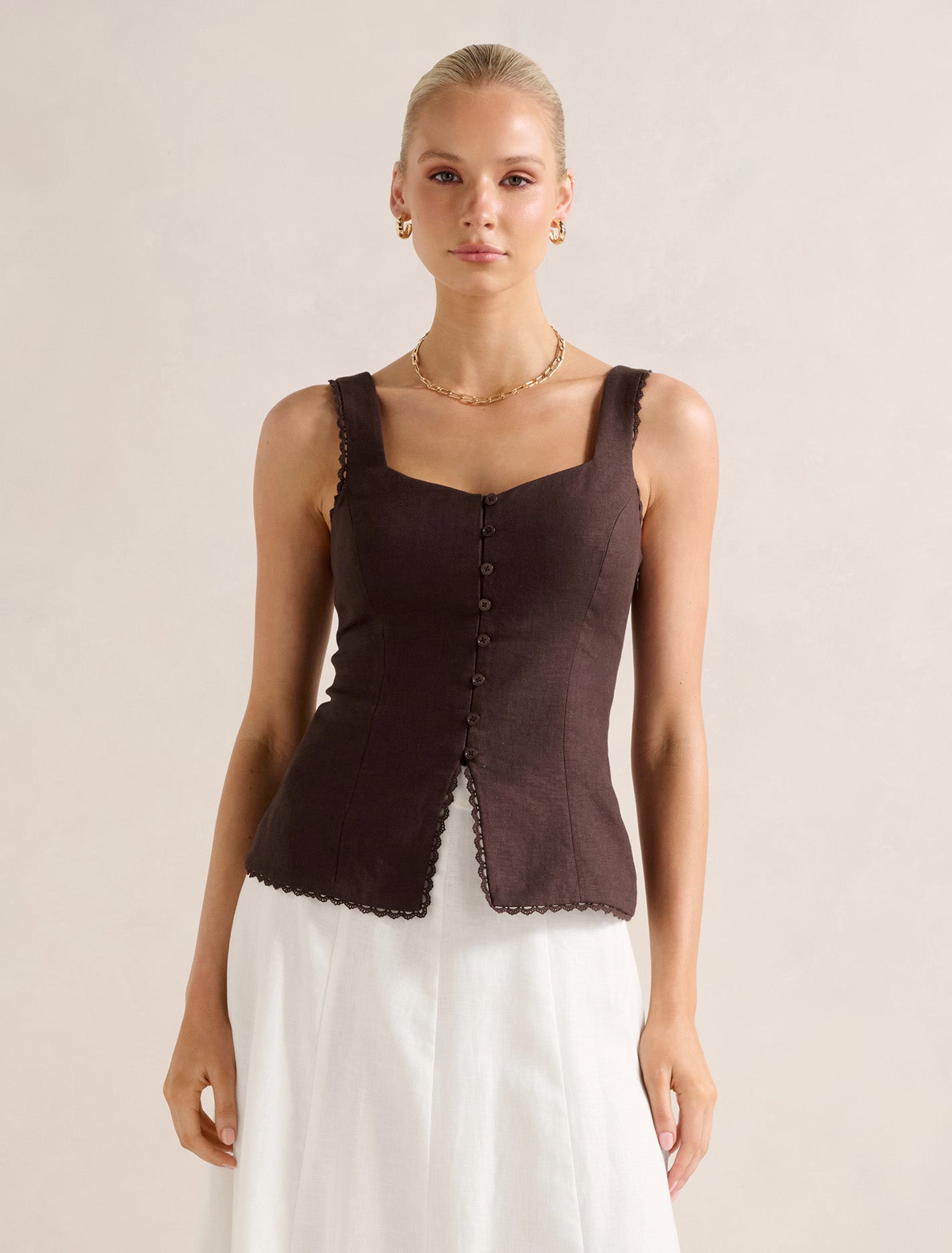 Cinzia Trim Detail Top Dark Chocolate Forever New