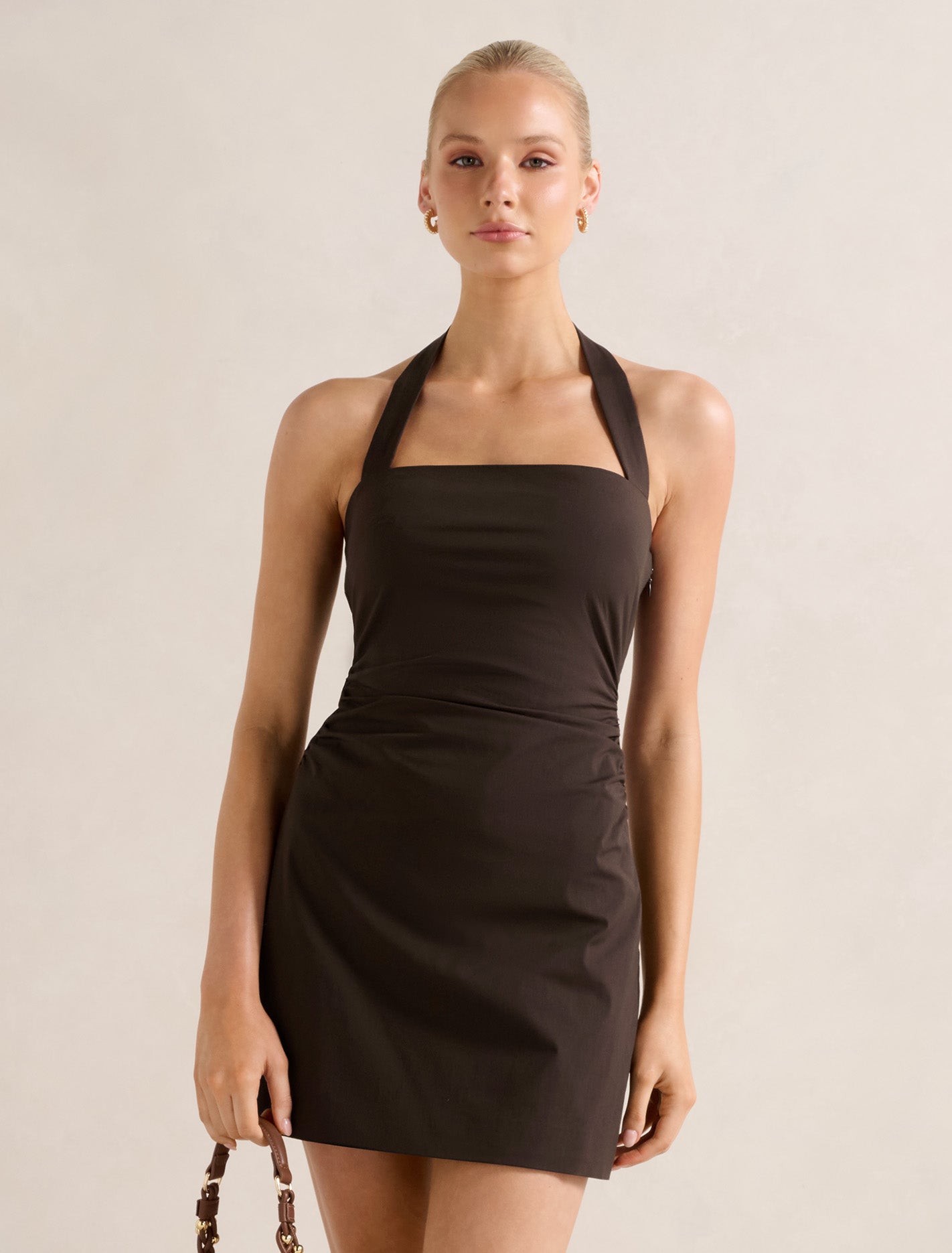 Imogen Stretch Cotton Halter Mini Dress Chocolate Mousse Forever New