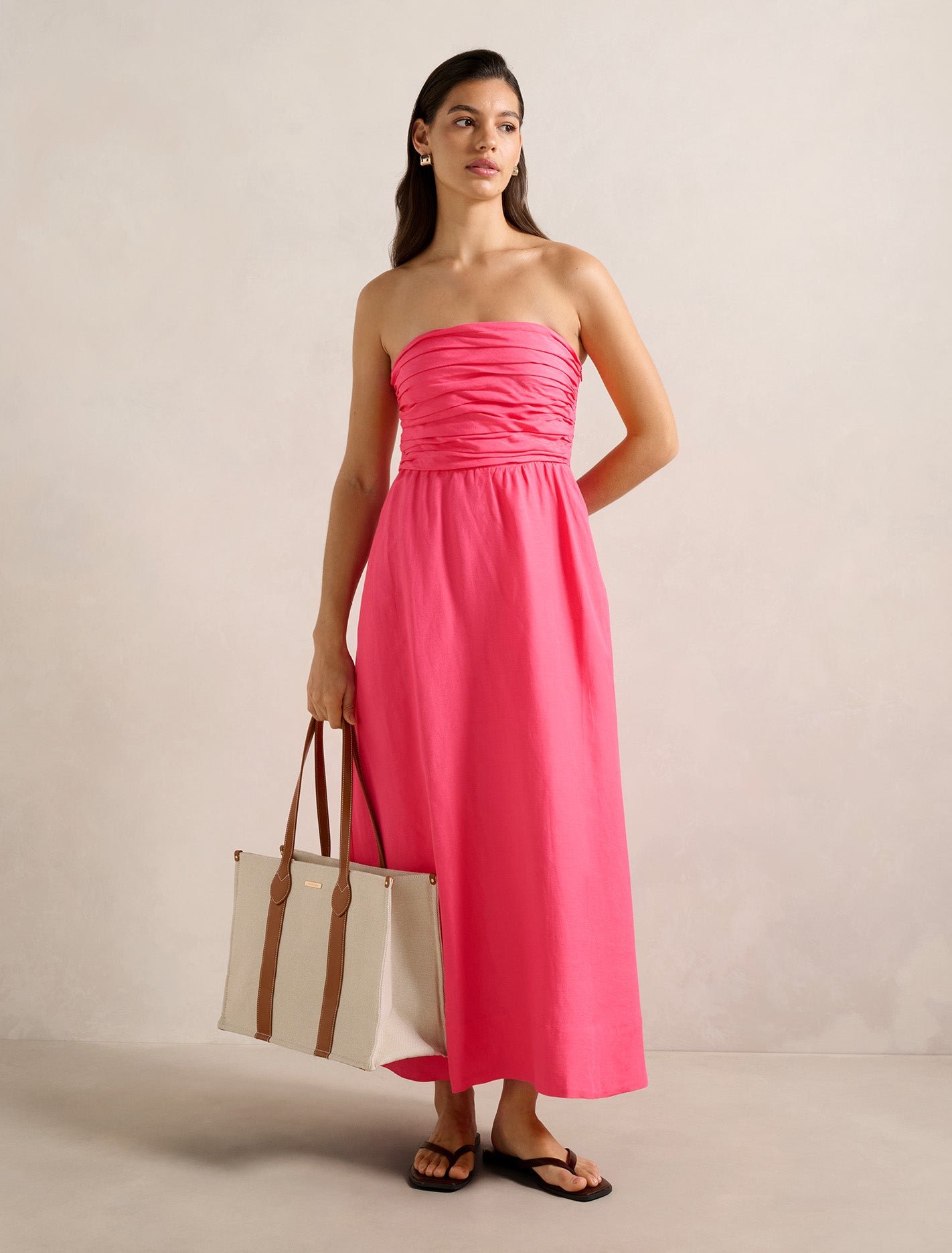 Matisse Ruched Strapless Linen Midi Dress Cotton Candy Forever New