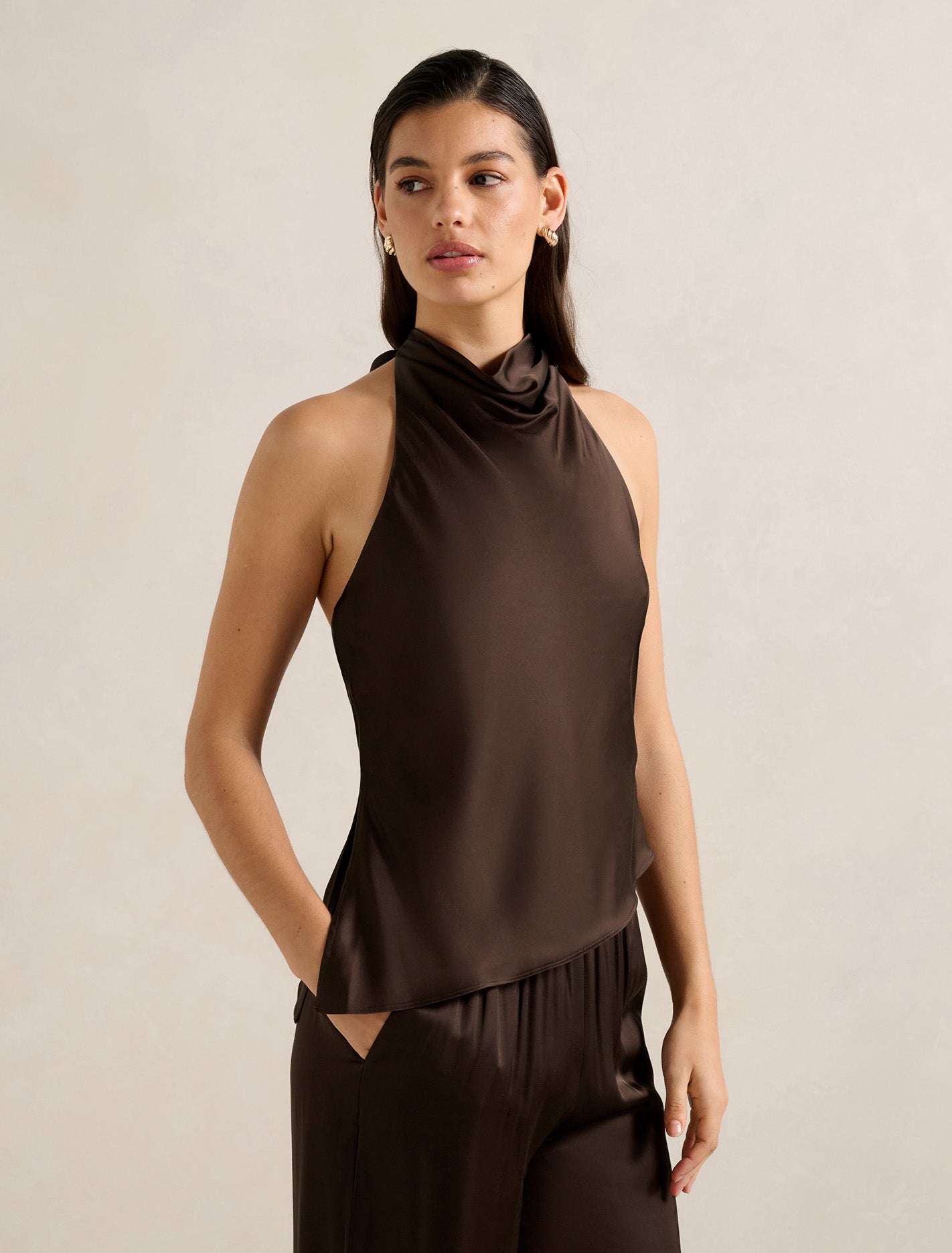 Skyler Halter Satin Top Chocolate Co-ord | Forever New