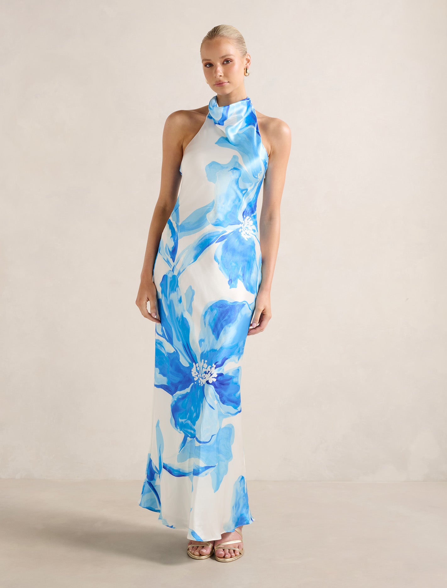 Clementine High Neck Satin Maxi Dress Blue Maia Floral Forever New