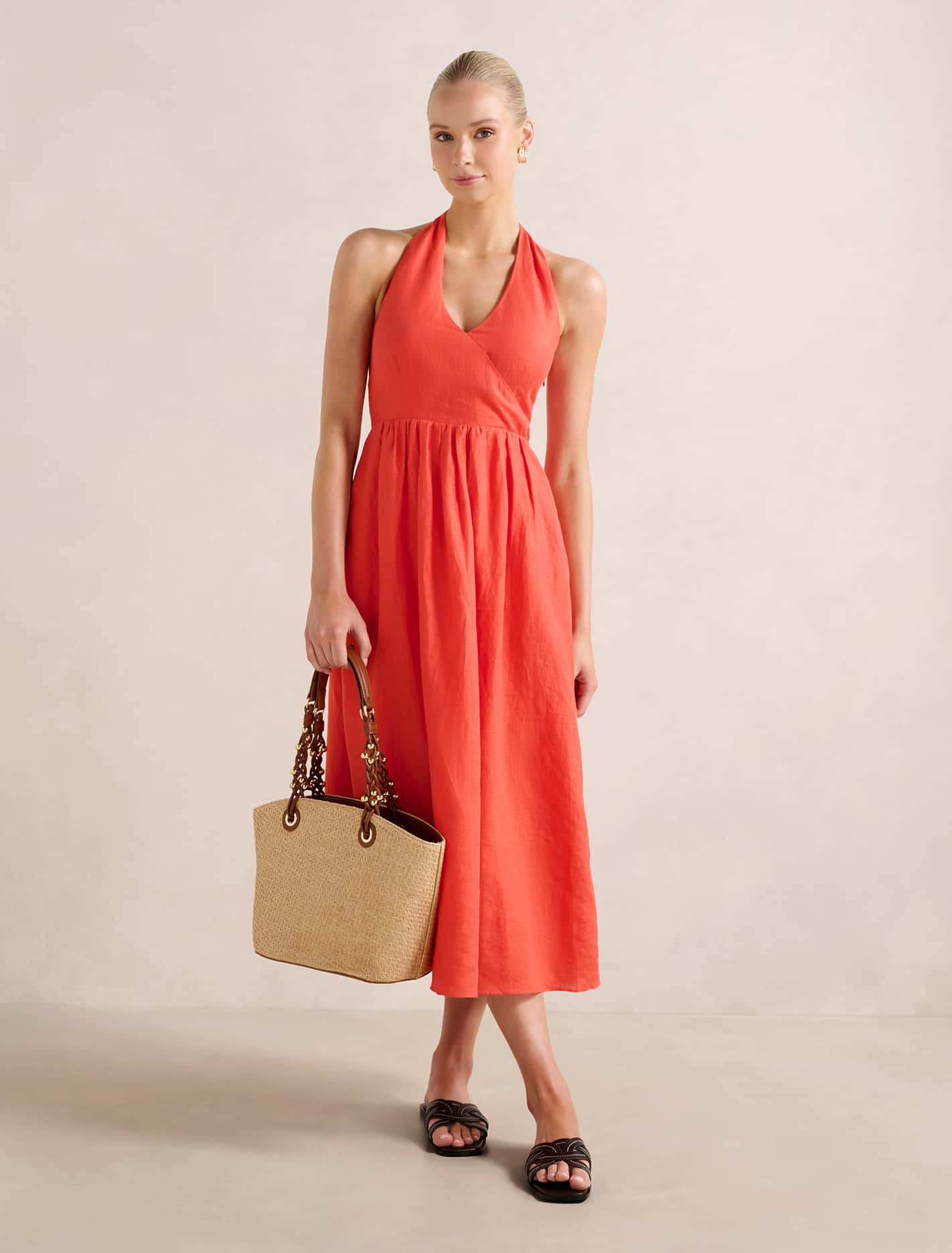 Lilian Wrap Linen Halter Midi Dress Spicy Orange Forever New