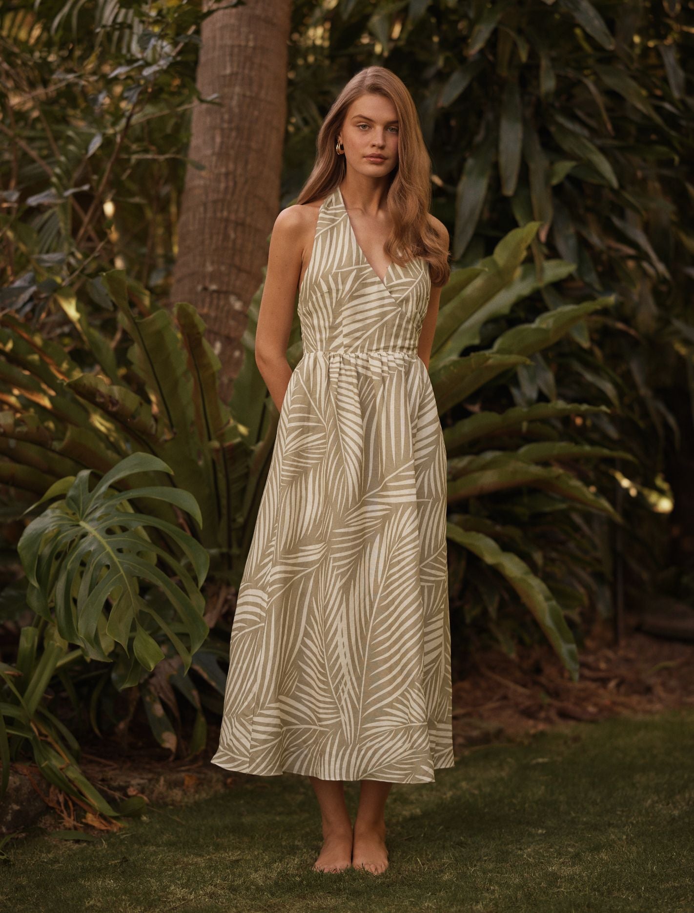 Lilian Wrap Linen Halter Midi Dress Tuxen Leaf | Forever New