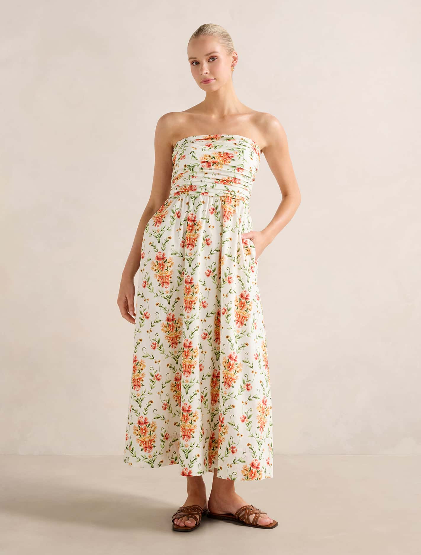 Matisse Ruched Strapless Cotton Midi Dress Harmony Floral Forever New