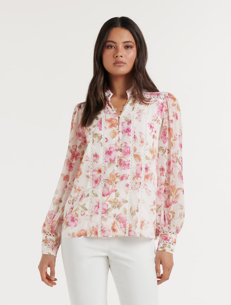 Fifi Printed Trim Spliced Blouse Forever New