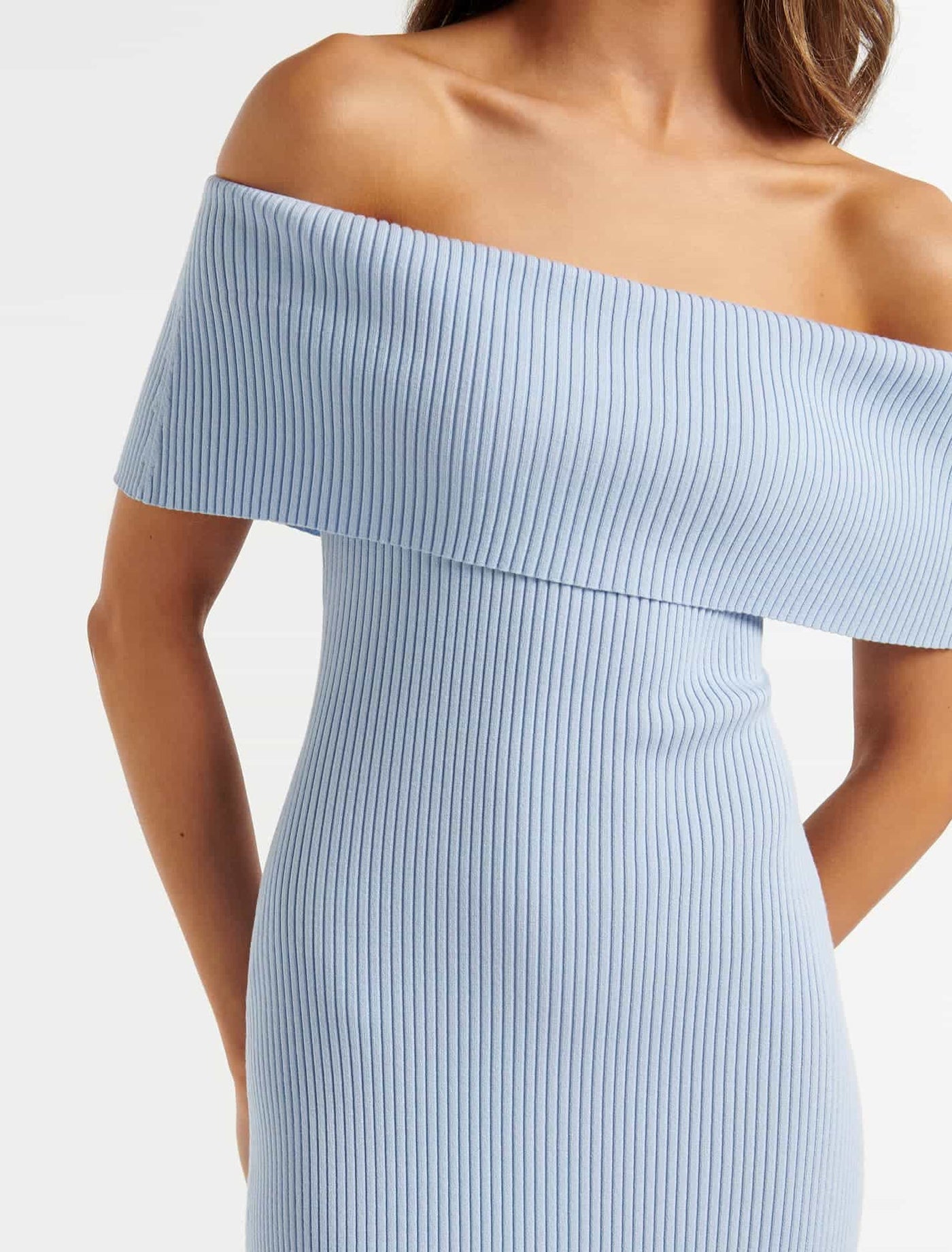 Naomi Bardot Column Knit Dress Baby Blue Forever New