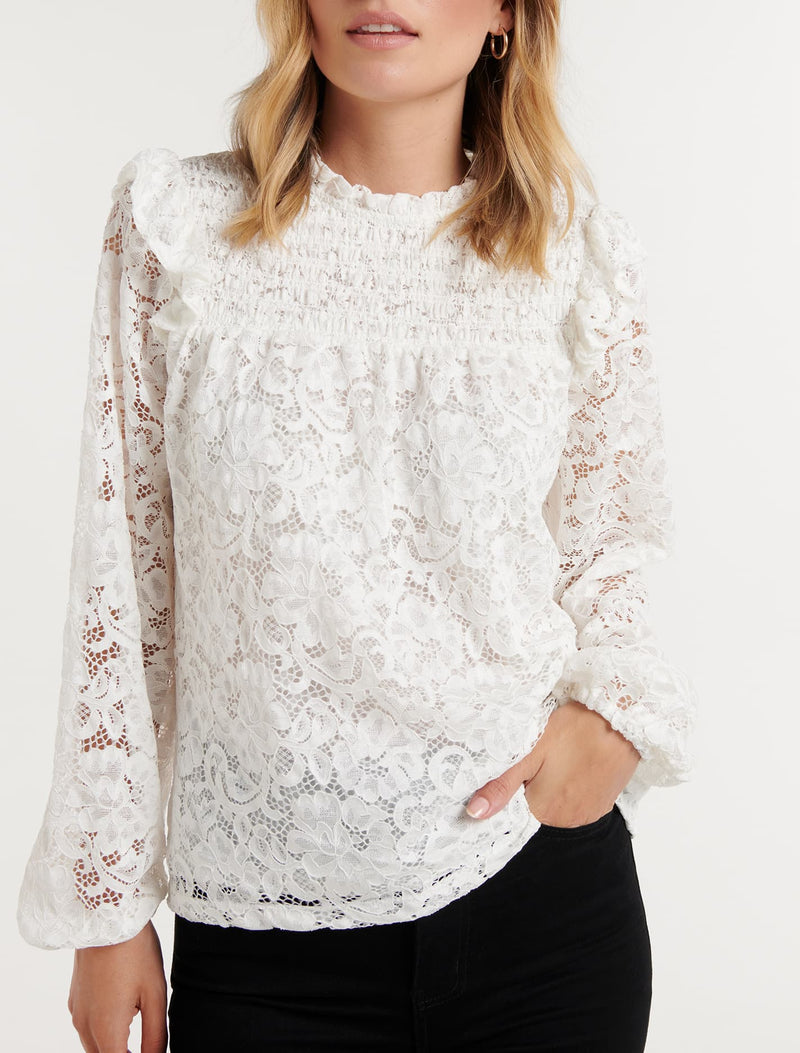 Lydia Lace Ruffle Long Sleeve Top Forever New