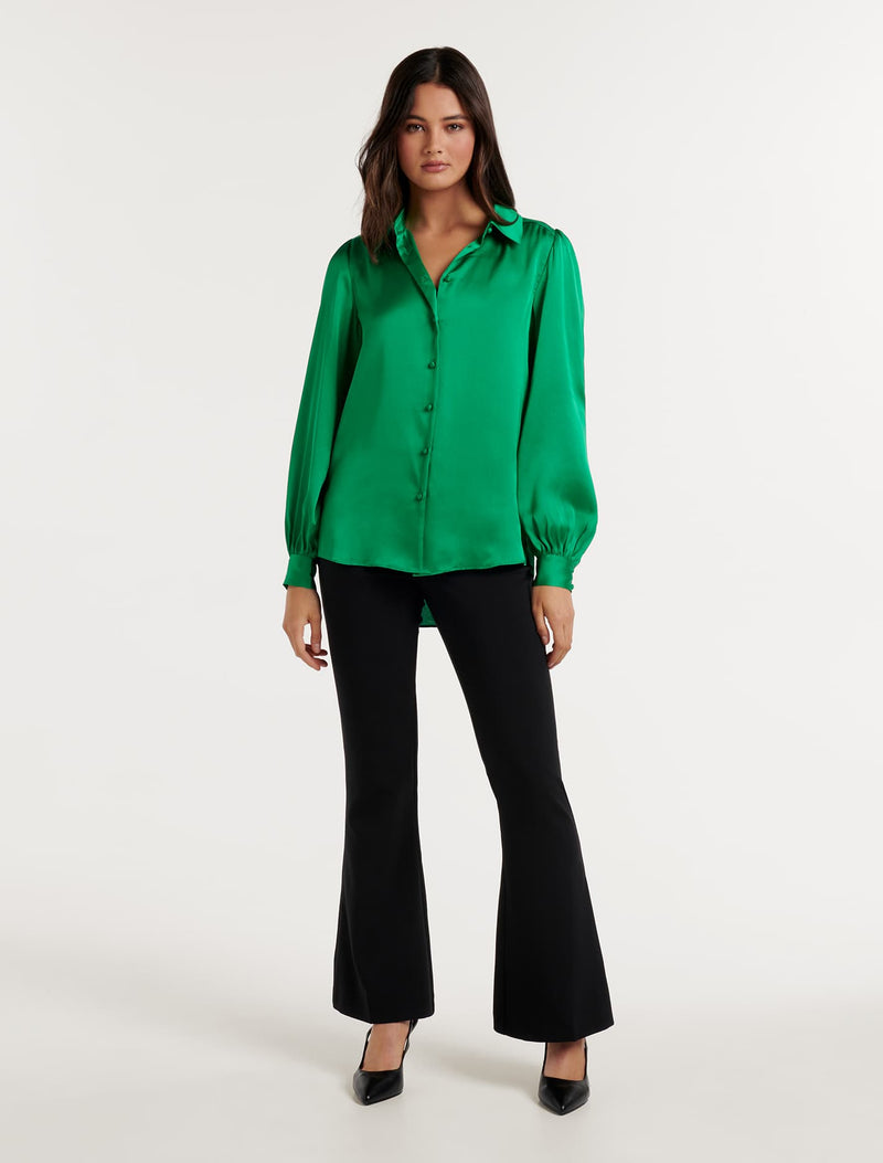 Ren Satin Button Through Blouse Vibrant Green | Forever New