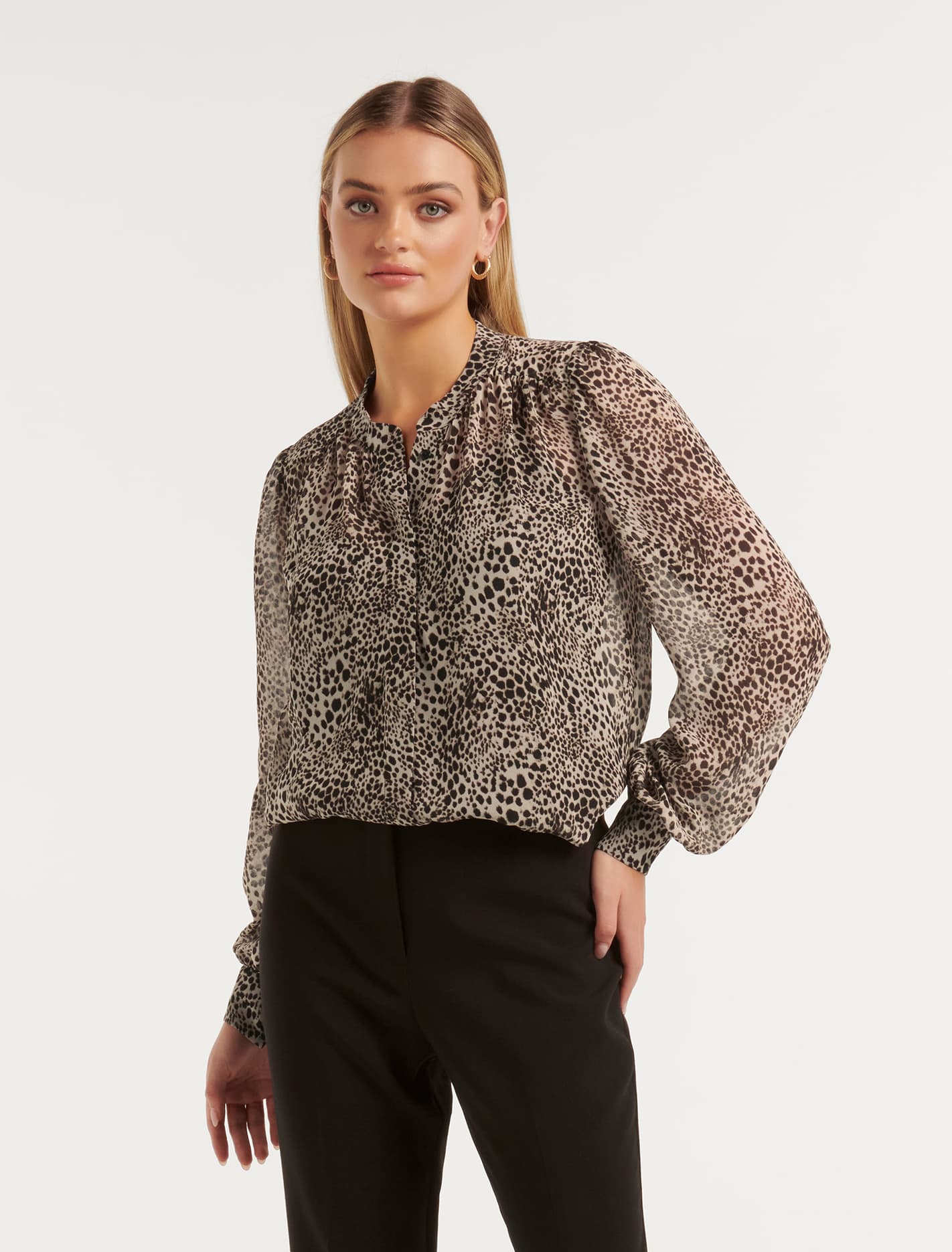 Finley Printed Long Sleeve Tunic Top Sepia Leopard | Forever New